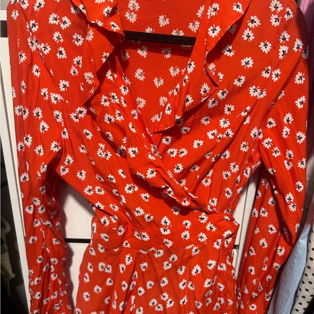 Ganni Red Floral Wrap Top